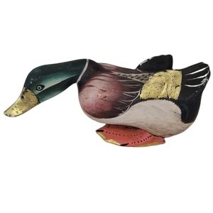 Wooden duck decoy. Metalic painted vintage mallard Drake duck.